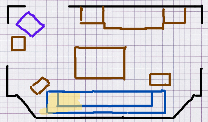 Graph paper with outlines representing the furniture in the author's living room. A section of the couch has been colored yellow.